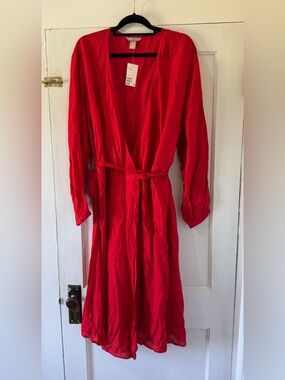 H&M Red Midi Dress with Waist Tie